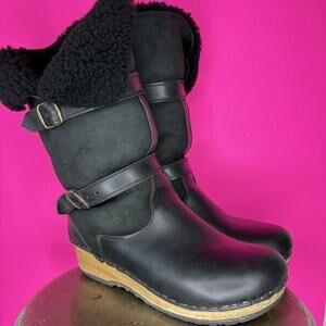 Sven 11" Clog Boots Shearling - Double Straps Black Leather, Black Suede EU 41